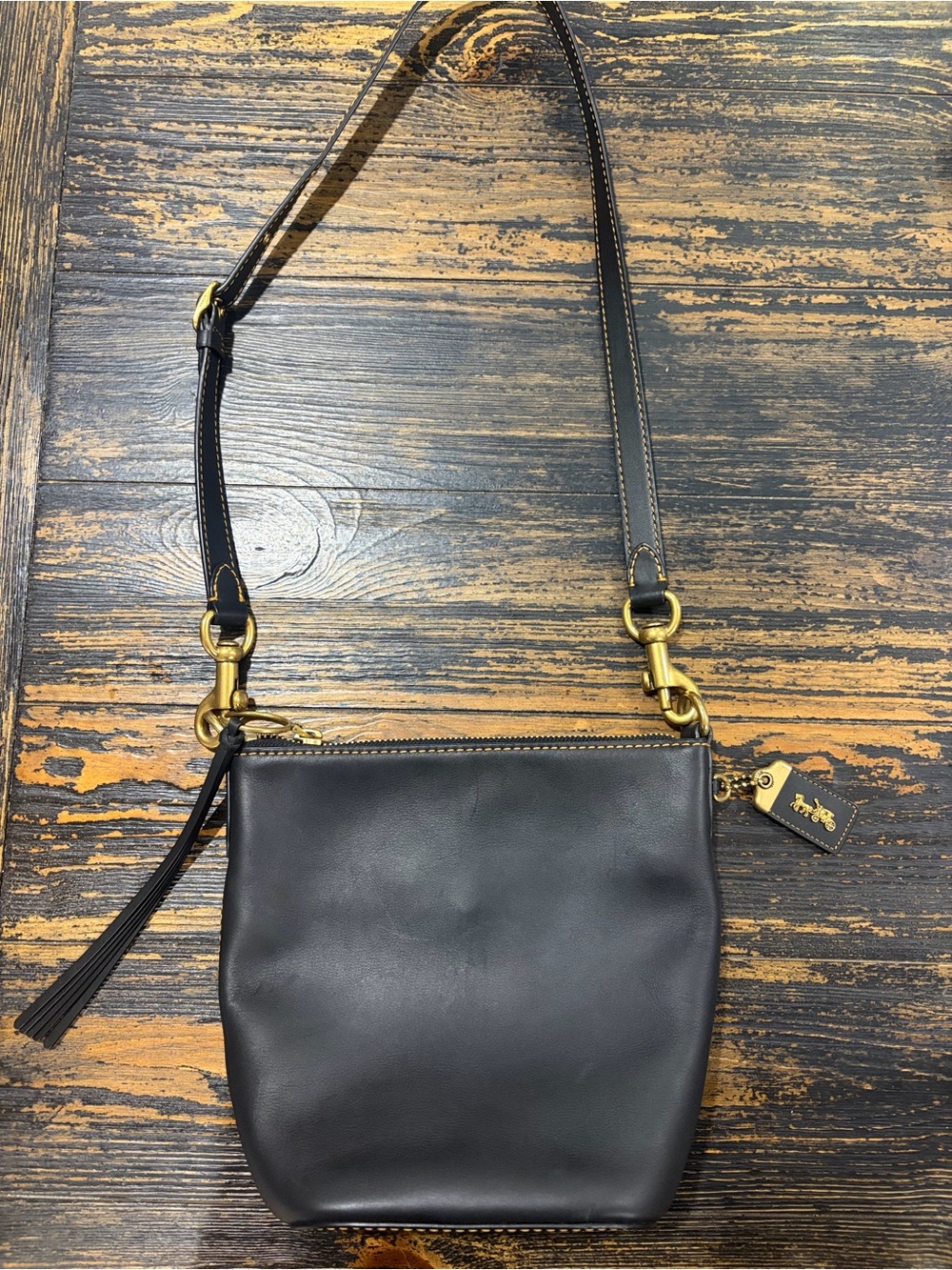 Coach Black Leather Crossbody with Gold-Tone Hardware